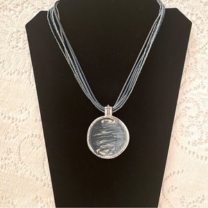 Chico’s NWT Medallion Pendant Aqua Blue Polished Silver Accents~Beaded Chain